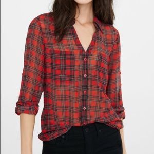 3/$18Express red & plaid zipper blouse 3/4 sleeve